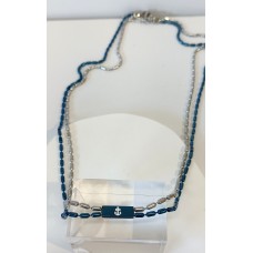 Ατσάλινο κολιέ με άγκυρα πάνω σε μπλε πλάκα και διπλή μπλε - ασημί αλυσίδα STN07